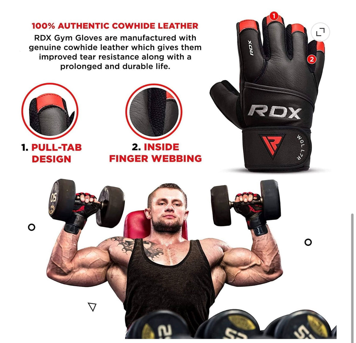 RDX Cow Hide Leather Gym Weight Lifting Gloves Training
Fitness Exercise