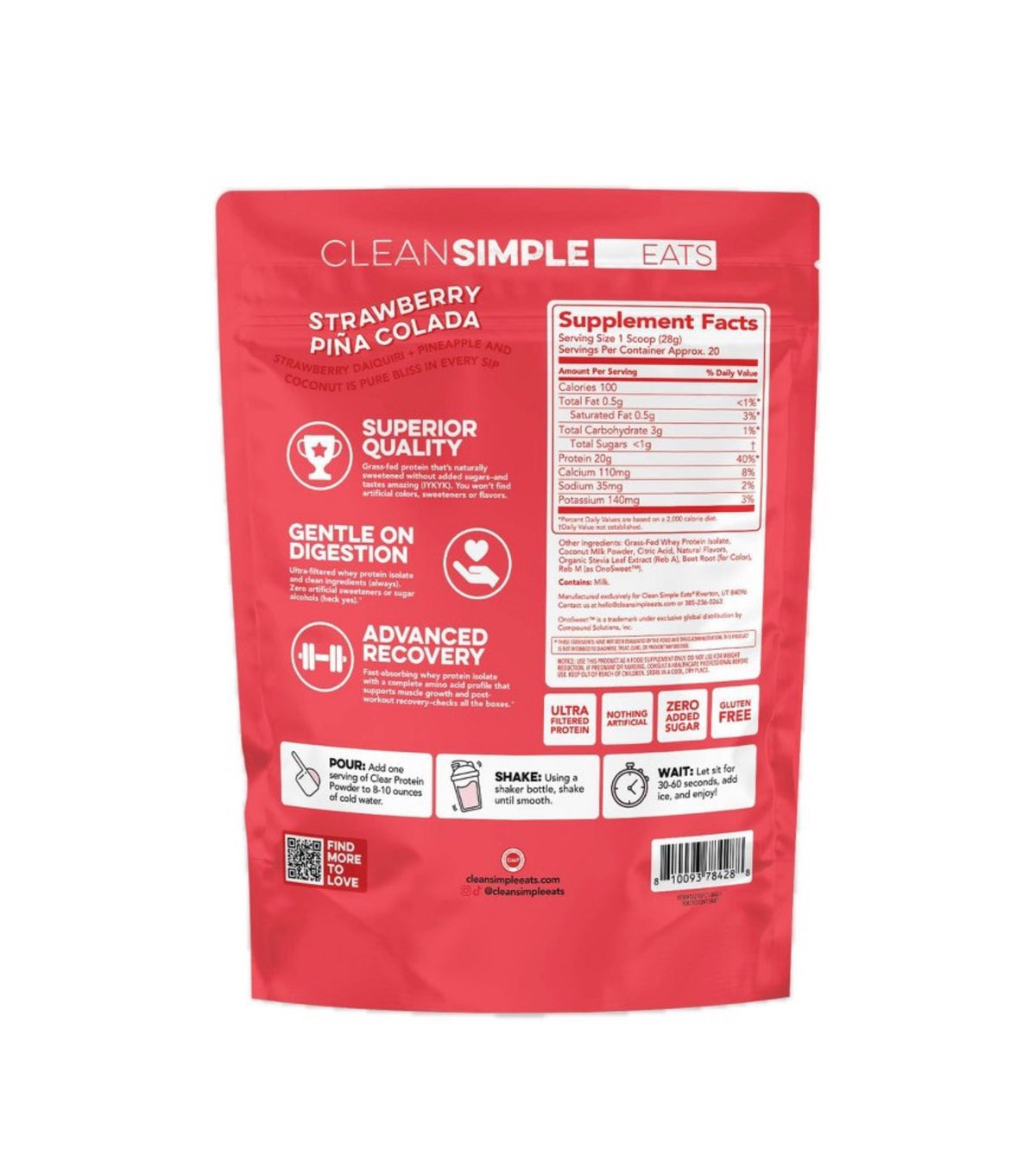 Clean Simple Eats Clear Protein Powder
Strawberry Pina Colada - 19.7oz/20 Servings